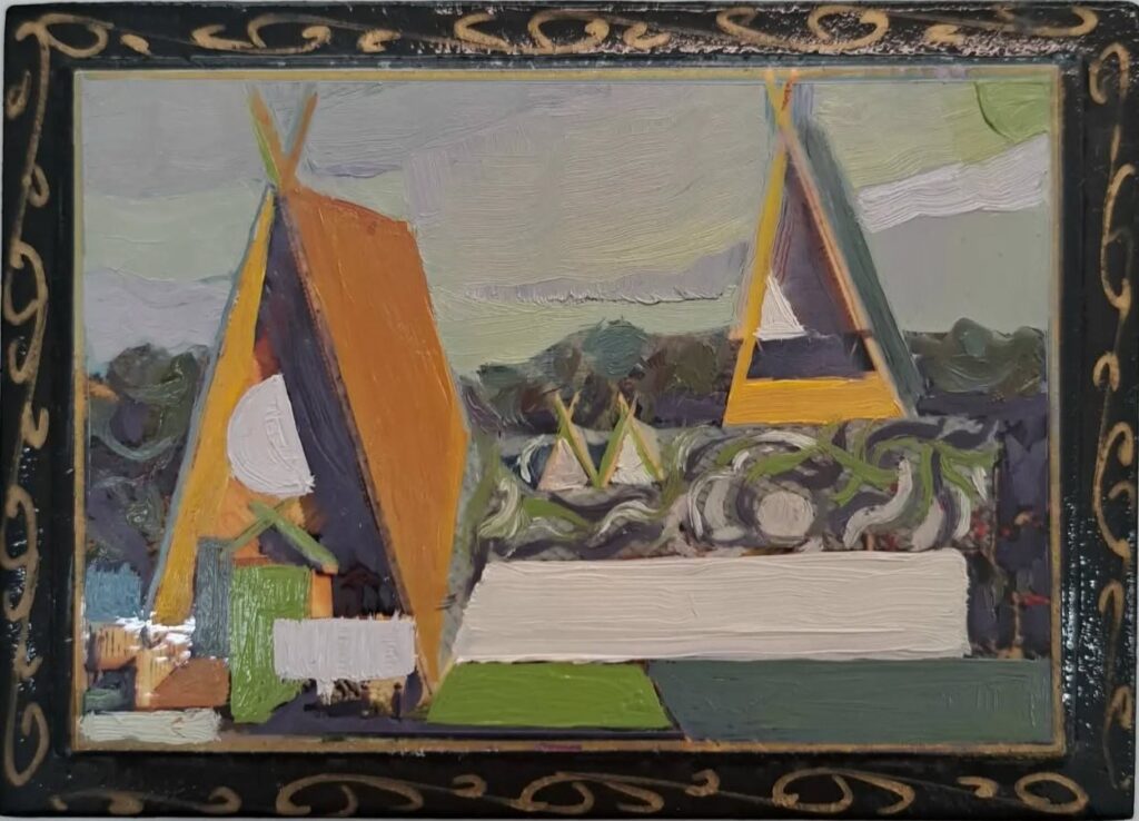 Vlada Darenenkova landschap met huizen 2024 olieverf op hout (schattendoosje) Landscape with houses, 2024, oil on wood