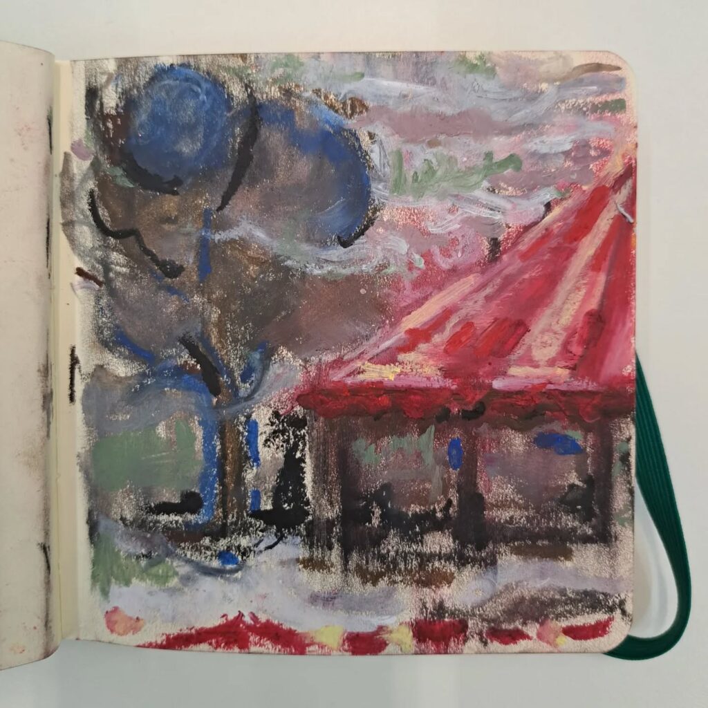 Vlada Darenenkova tekening rode circustent 2024 vetkrjt op papier sketsboekje Drawing of a red circus tent, 2024, oil pastel on paper, sketchbook