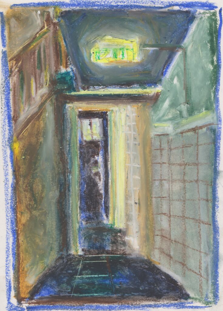 Vlada Darenenkova tekening gang (Dominicanenklooster Huissen) 2023 vetkrijt op papier Drawing of a corridor (Dominican Monastery Huissen) 2023, oil pastel on paper