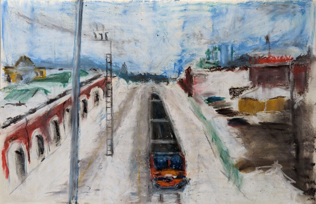 Vlada Darenenkova tekening winterlandschap rijdende trein, Perm I (Rusland) 2024 vetkrijt op papier Drawing of a winter landscape with a moving train, Perm I (Russia) 2024, oil pastel on paper