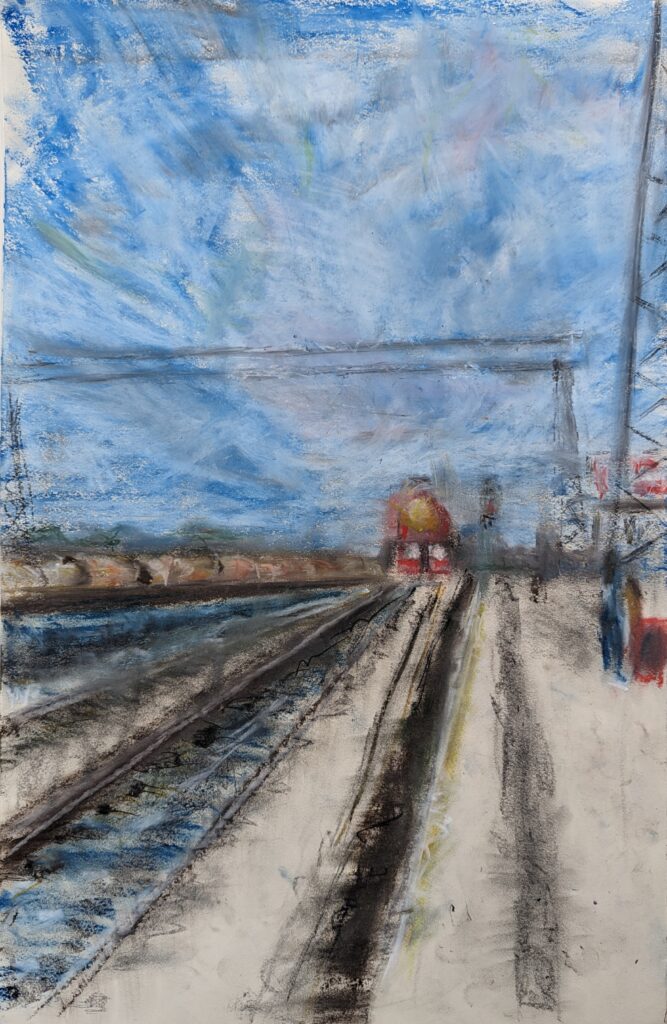 Vlada Darenenkova tekeking landschap met trein 2024 oliepastel op papier 32.5x50cm Drawing of a landscape with a train, 2024, oil pastel on paper