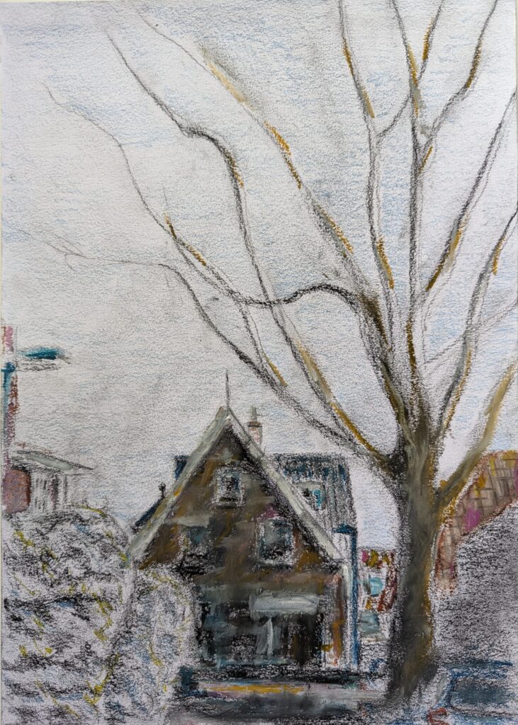 Vlada Darenenkova tekening huis Fop Smitstraat 49 Alblasserdam 2024 mixed media op papier Drawing of the house at Fop Smitstraat 49, Alblasserdam 2024, mixed media on paper