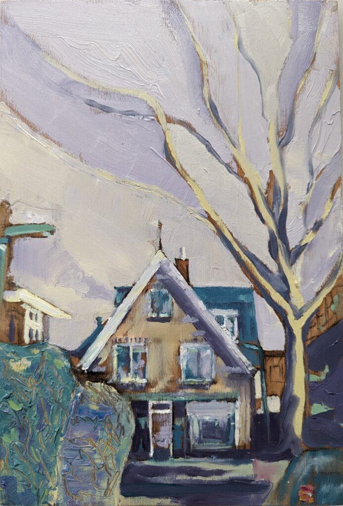 Vlada Darenenkova schilderij huis Fop Smitstraat 49 (Alblasserdam) 2024 olieverf op hout Painting house at Fop Smitstraat 49, Alblasserdam 2024 oil on wood