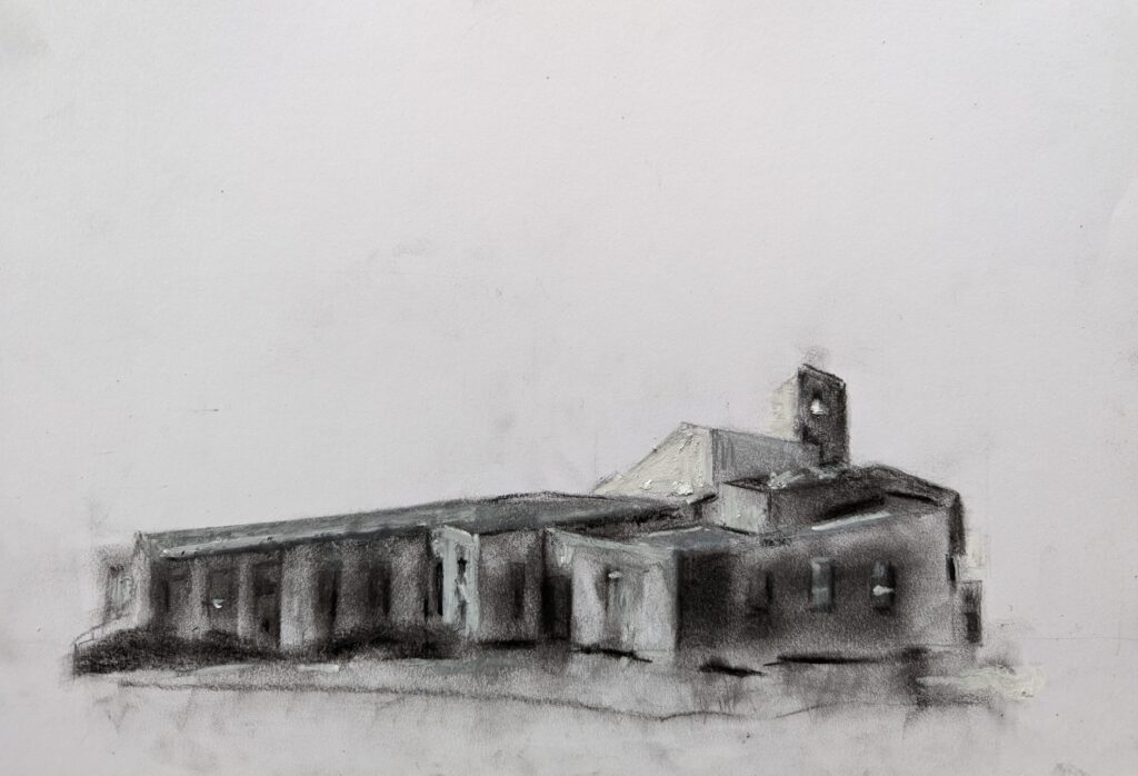 Vlada Darenenkova zwartwitte tekening Ichthuskerk Alblasserdam 2024 mixed media op papier Black-and-white drawing Ichthus Church, Alblasserdam 2024 mixed media on paper
