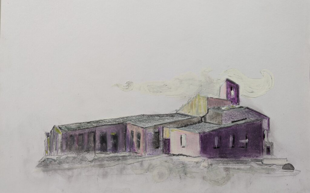 Vlada Darenenkova tekening Ichthuskerk Alblasserdam 2024 mixed media op papier drawing Ichthus Church, Alblasserdam 2024, mixed media on paper
