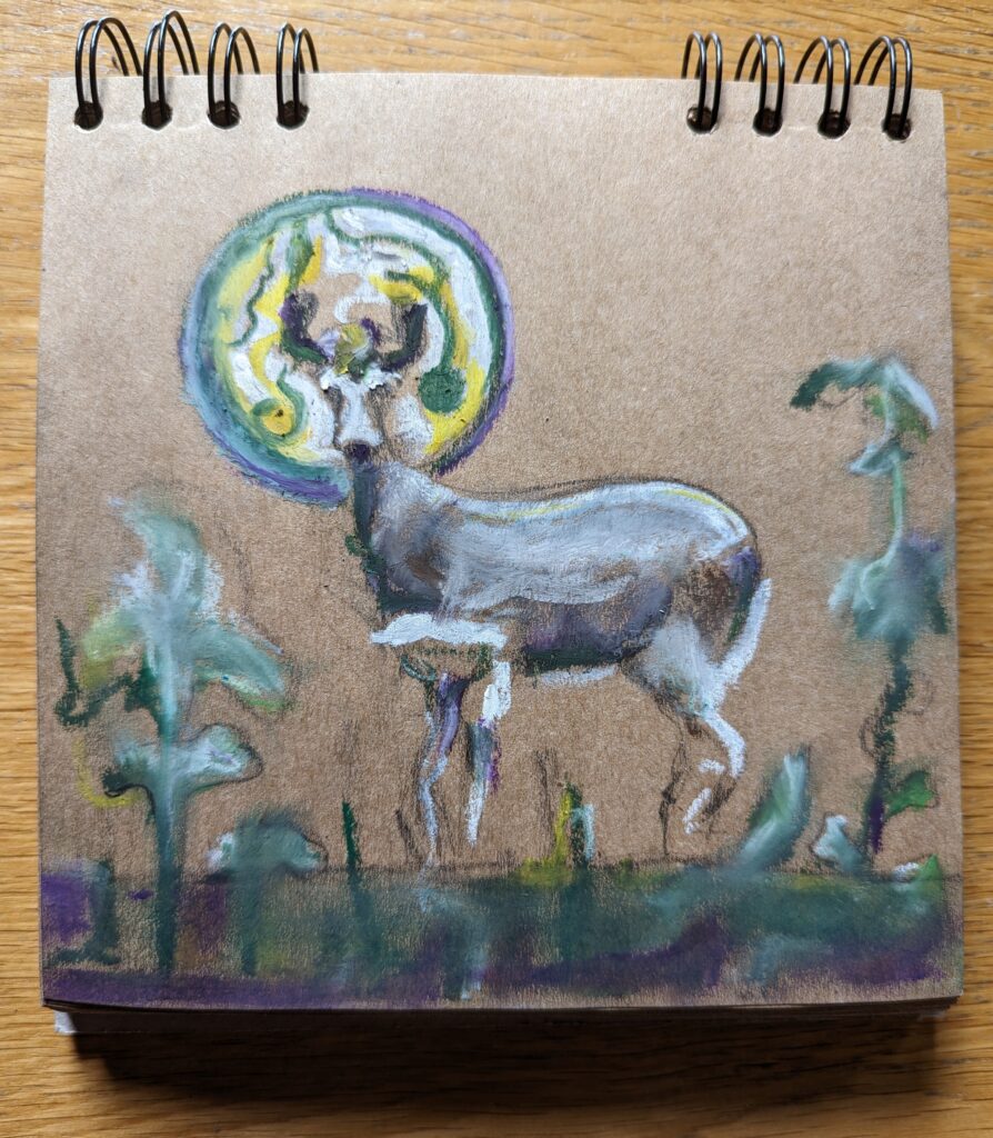 Vlada Darenenkova tekening hert 2024 vetkrijt op papier (schetsboekje) Drawing deer 2024 oil pastel on paper (sketchbook)