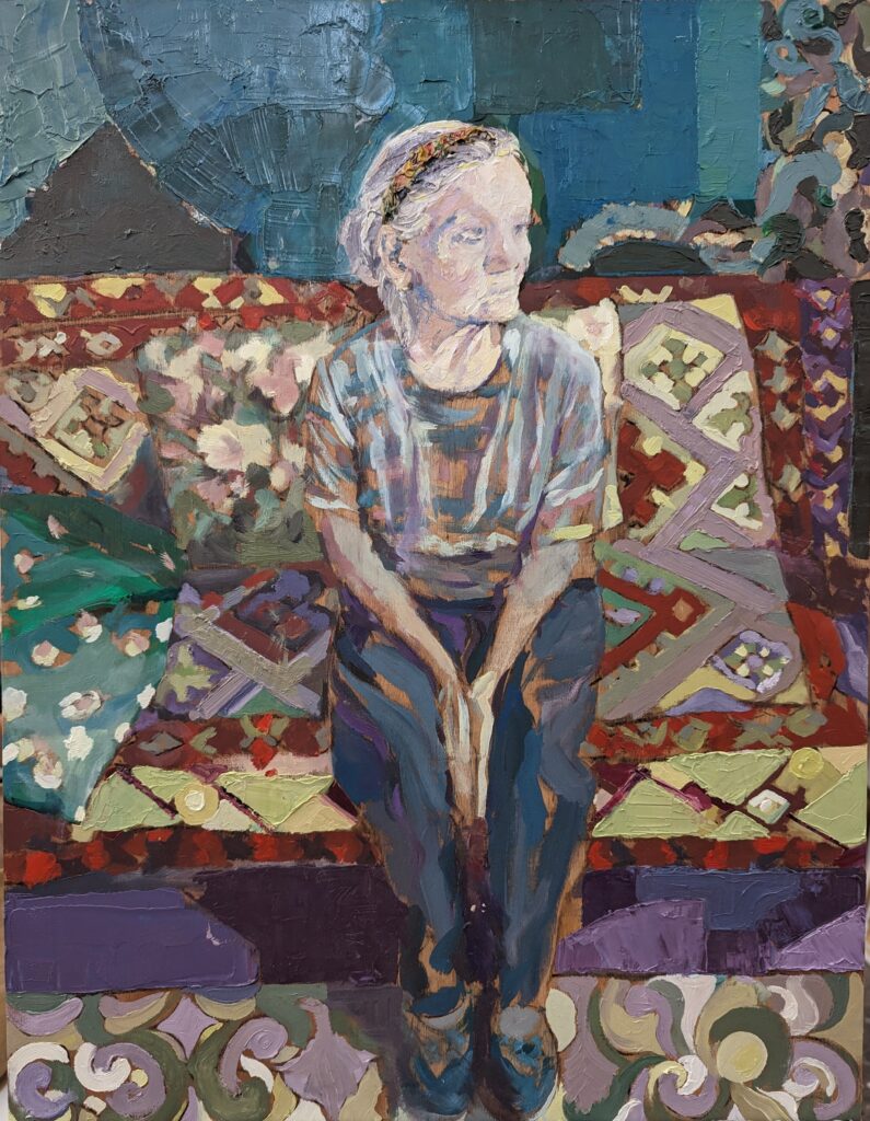 Vlada Darenenkova schilderij Oma Wachten 2024 olieverf op hout 47.7x62.8cm Painting Grandmother Waiting, 2024, oil on wood