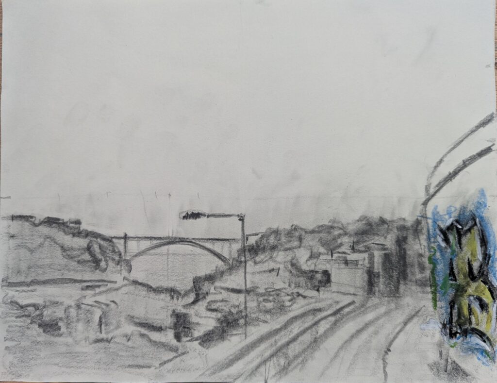 Vlada Darenenkova landschaptekening Porto 2024 conté potlood en vetkrijt Landscape drawing of Porto, 2024, conté pencil and oil pastel on paper op papier