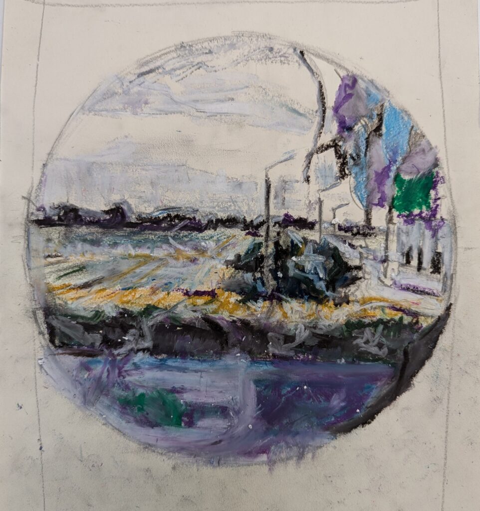 Vlada Darenenkova tekening Ennevelin vanuit een patrijspoort 2024 conté potlood en vetkrijt op papier Drawing of Ennevelin from a porthole, 2024, conté pencil and oil pastel on paper
