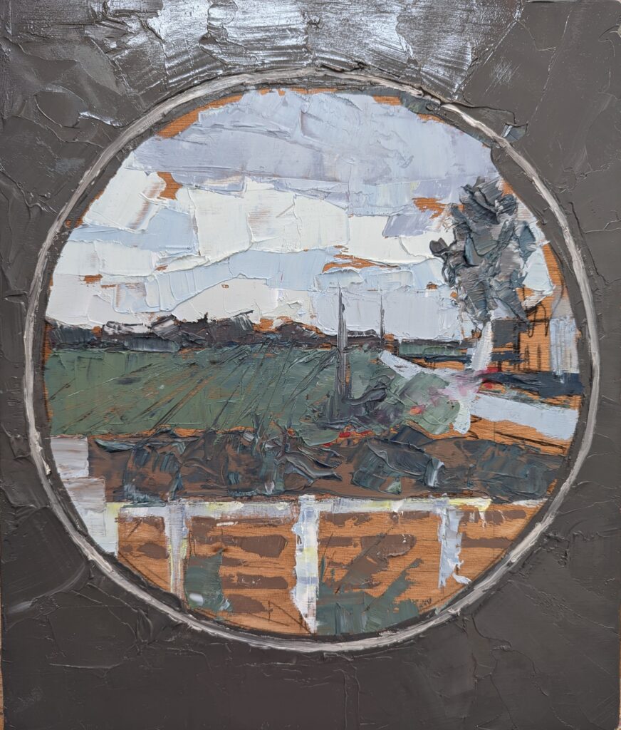 Vlada Darenenkova schilderij Ennevelin vanuit een patrijspoort 2024 olieverf op hout 31.5x38cm Painting of Ennevelin from a porthole, 2024, oil on wood