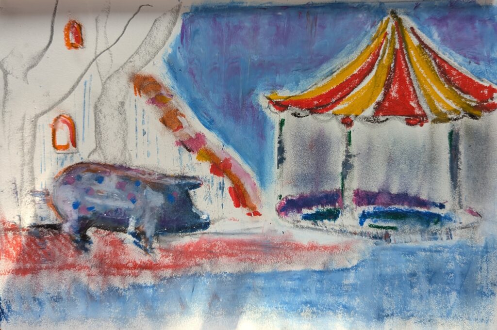 Vlada Darenenkova tekening speeltuin Weena Rotterdam 2024 potlood en vetkrijt op papier Drawing of Weena Playground, Rotterdam 2024, pencil and oil pastel on paper