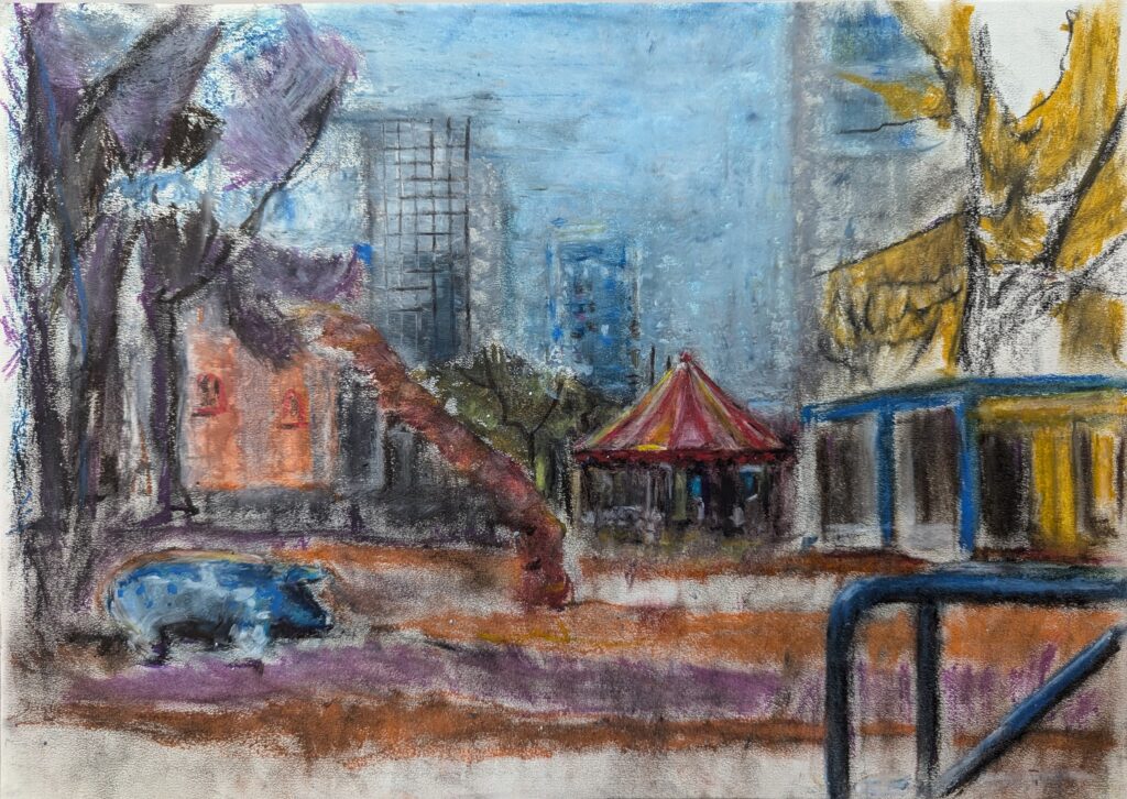 Vlada Darenenkova tekening speeltuin Weena Rotterdam 2024 potlood en vetkrijt op papier 42x29.7cm Drawing of Weena Playground, Rotterdam 2024, pencil and oil pastel on paper