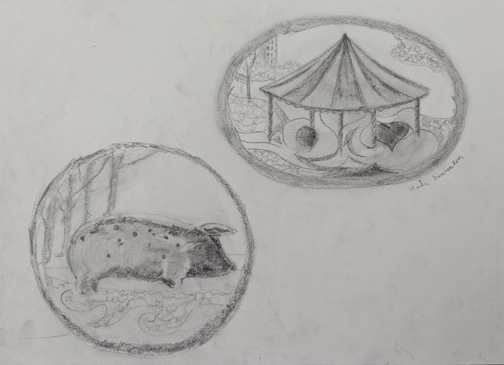 Vlada Darenenkova zwartwitte tekening kermisvarken circustent 2024 potlood op papier Black-and-white drawing of a carnival pig and circus tent, 2024, pencil on paper