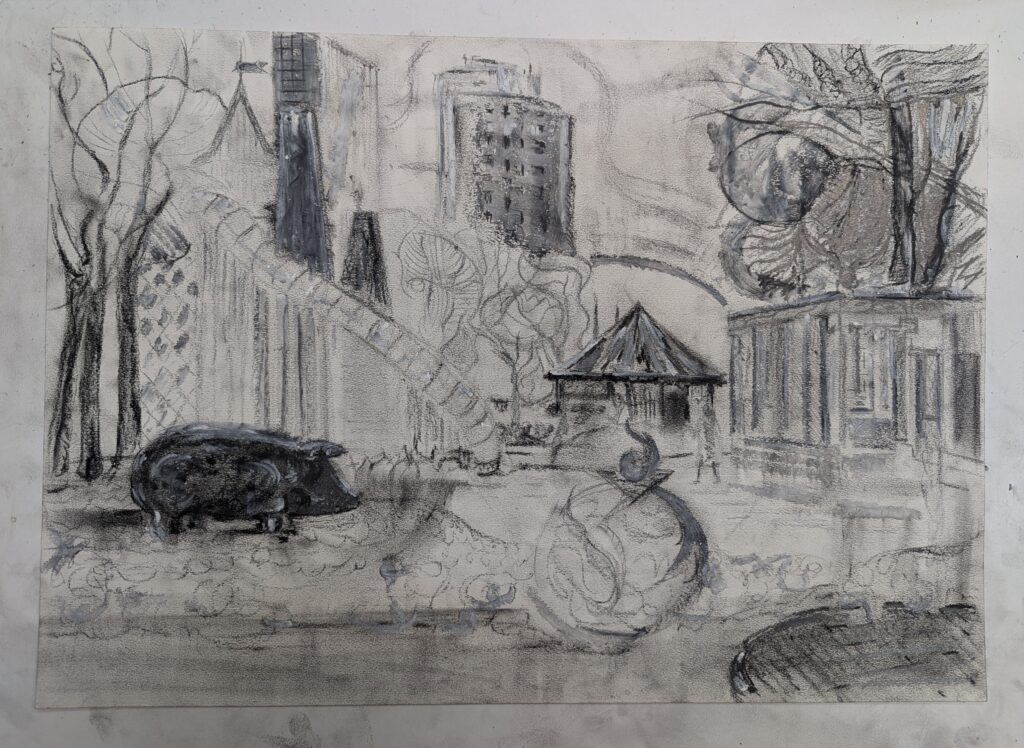 Vlada Darenenkova zwartwitte fantasietekening geinspireerd op de speeltuin Weena Rotterdam 2024 potlood en vetkrijt op papier 42x29,7 cm Black-and-white fantasy drawing inspired by Weena Playground Rotterdam 2024 pencil and oil pastel on paper