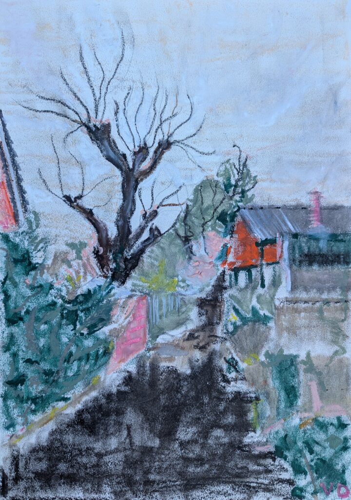 Vlada Darenenkova tekening Donkersloot Alblasserdam 2025 potlood en vetkrijt op papier 42x29.7cm