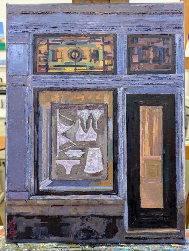 Vlada Darenenkova schilderij winkel Love Stories boutique Amsterdam herengracht 298 hoek van de Wolvenstraat en Herengracht 2025 olieverf op linnen 30x40cm