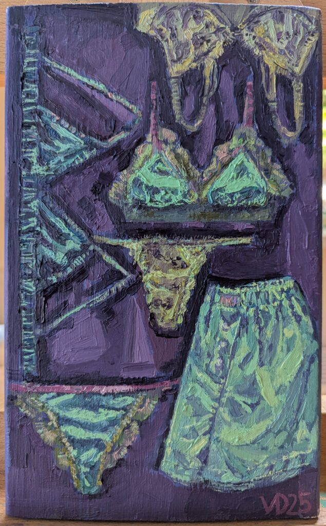 Vlada Darenenkova schilderij winkel etalage Love Stories boutique Amsterdam herengracht 298 hoek van de Wolvenstraat en Herengracht 2025 olieverf op hout 14.3x22.7cm