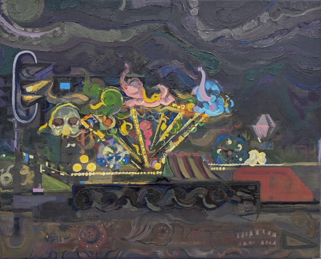 Come fly with us (Dumboland) Iemand laat zijn tanden zien 2025 Olieverf op linnen 40x50cm