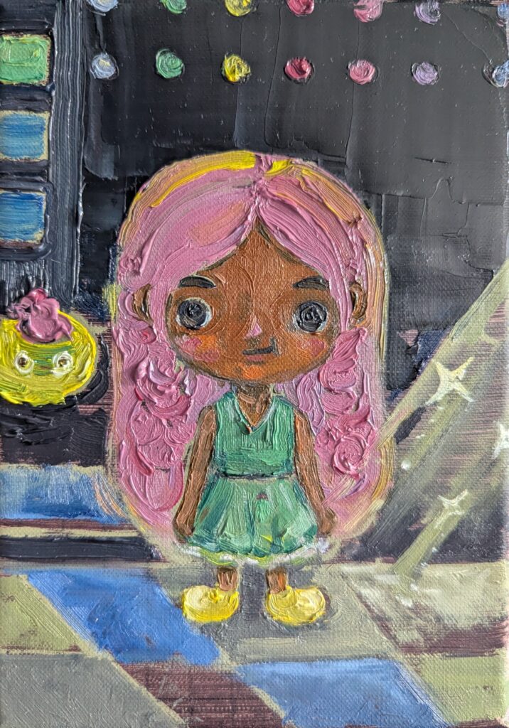 Mag ik Toca Boca spelen 2026 Olieverf op linnen 18x13 cm